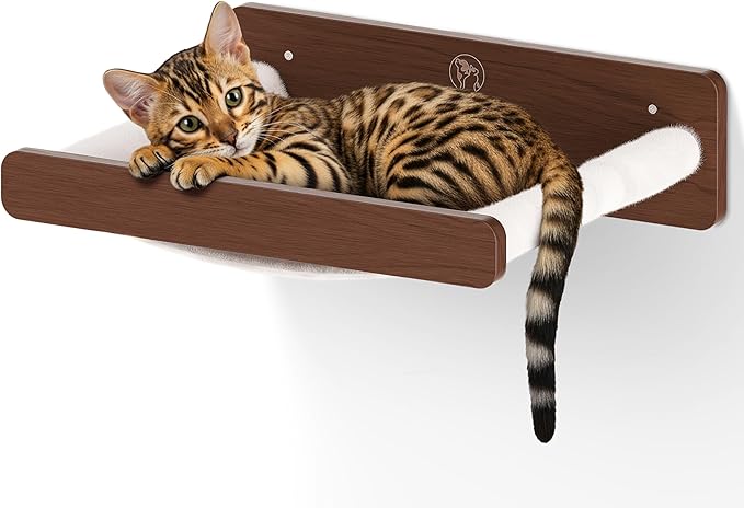 Cat Wall Hammock - Space-Saving Cat Wall Bed for Small and Medium Indoor Breeds - Perfect for Lounging, Playing, and Resting (Walnut Wood and Faux Fur Beige Fabric)