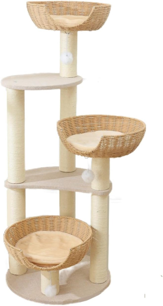 SHENGOCASE Modern Cat Tree Tower, Wooden Condo, 3 Large Rattan Wicker Basket Beds, Window Perch for Cats up to 20 lbs