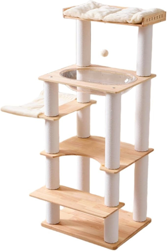 SHENGOCASE Modern Natural Wooden Wood Cat Tree Tower Condo, Extra Large Top Platform Perch, 57" Tall, Big Clear Capsule Bowl Bed, for Maine Coon Indoor Cats