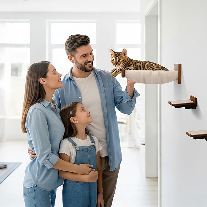 Cat Wall Hammock - Space-Saving Cat Wall Bed for Small and Medium Indoor Breeds - Perfect for Lounging, Playing, and Resting (Walnut Wood and Faux Fur Beige Fabric)