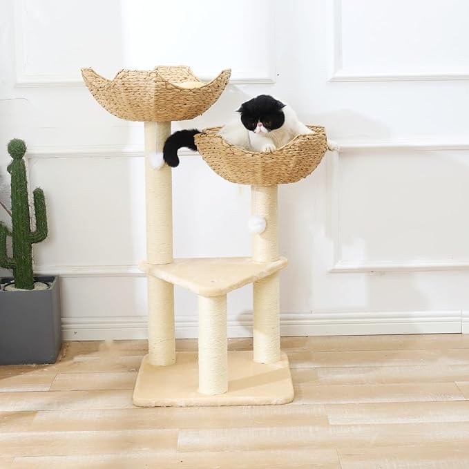 SHENGOCASE Cat Tree Tower with Rattan Wicker Basket, 2 Large Nest Baskets Bed, Window Perch for Large Cats up to 25 lbs