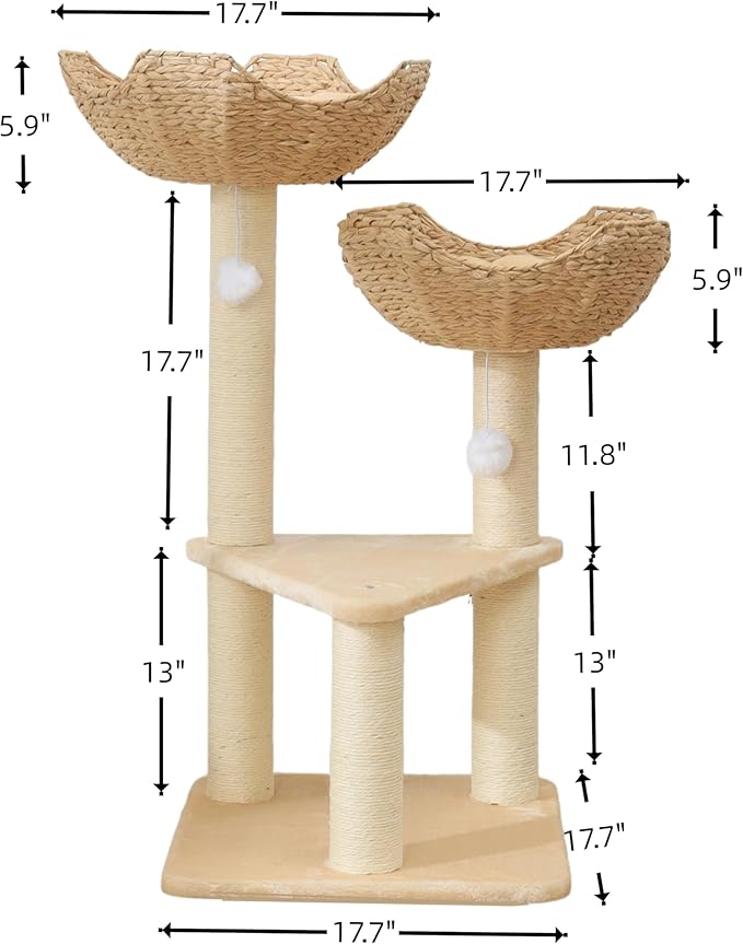 SHENGOCASE Cat Tree Tower with Rattan Wicker Basket, 2 Large Nest Baskets Bed, Window Perch for Large Cats up to 25 lbs