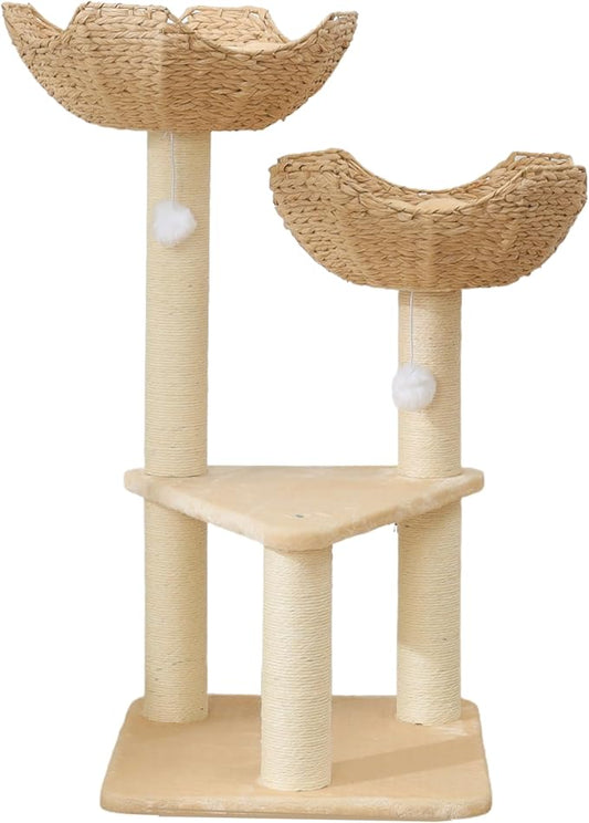 SHENGOCASE Cat Tree Tower with Rattan Wicker Basket, 2 Large Nest Baskets Bed, Window Perch for Large Cats up to 25 lbs
