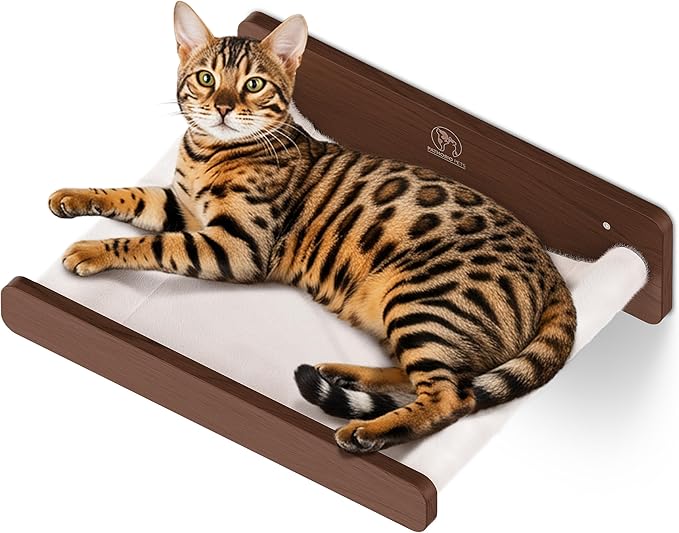 Cat Wall Hammock - Space-Saving Cat Wall Bed for Small and Medium Indoor Breeds - Perfect for Lounging, Playing, and Resting (Walnut Wood and Faux Fur Beige Fabric)
