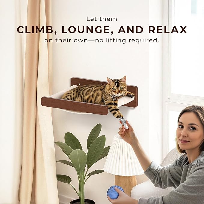Cat Wall Hammock - Space-Saving Cat Wall Bed for Small and Medium Indoor Breeds - Perfect for Lounging, Playing, and Resting (Walnut Wood and Faux Fur Beige Fabric)
