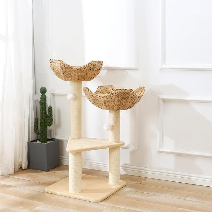 SHENGOCASE Cat Tree Tower with Rattan Wicker Basket, 2 Large Nest Baskets Bed, Window Perch for Large Cats up to 25 lbs