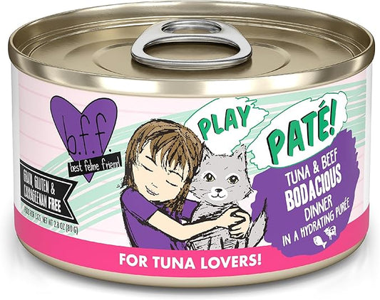 Weruva B.F.F. Play - Best Feline Friend Paté Lovers, Aw Yeah!, Tuna & Beef Bodacious with Tuna & Beef, 2.8oz Can (Pack of 12)