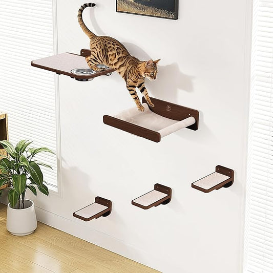 Space-Saving Cat Wall Shelves – Interactive Cat Wall Climber with Hammock & Dog Proof Feeding Station for Small & Medium Indoor Breeds – Solid Walnut Wood with Beige Carpet