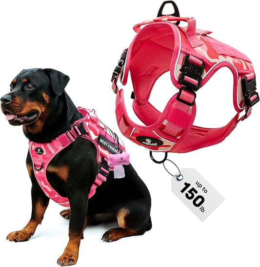 XXL Reflective Xdog Vest No Pull with 4 Metal Buckles & Double Stitching up to 150lb CAPTAIN DOG - Pink Camo, XXL Dog Harness with 2 Removeable Patches, Pink Tactical Dog Harness With Poop Bag Holder.