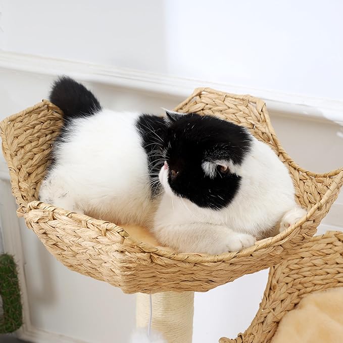 SHENGOCASE Cat Tree Tower with Rattan Wicker Basket, 2 Large Nest Baskets Bed, Window Perch for Large Cats up to 25 lbs