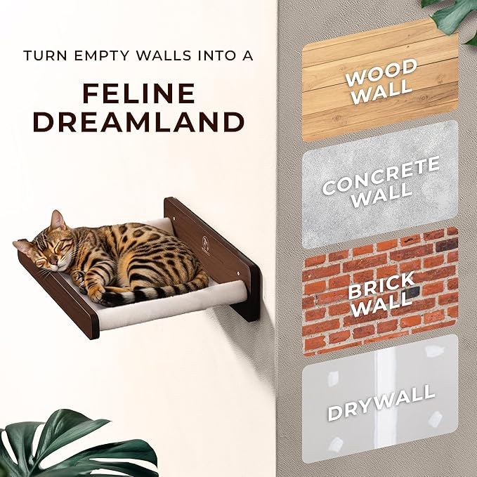 Cat Wall Hammock - Space-Saving Cat Wall Bed for Small and Medium Indoor Breeds - Perfect for Lounging, Playing, and Resting (Walnut Wood and Faux Fur Beige Fabric)