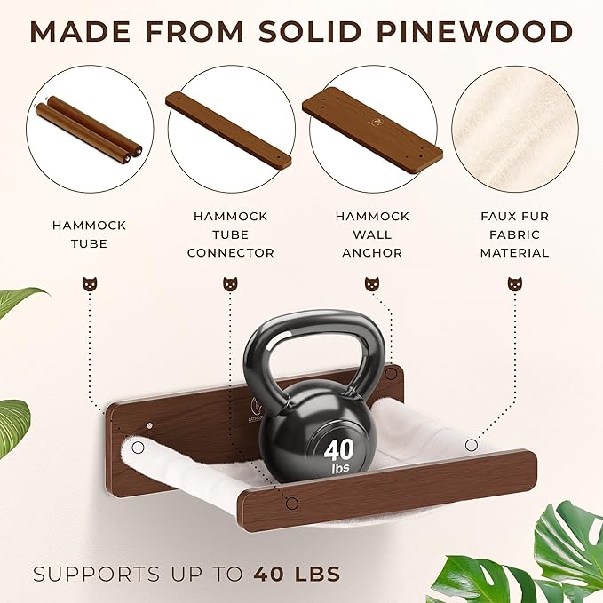 Cat Wall Hammock - Space-Saving Cat Wall Bed for Small and Medium Indoor Breeds - Perfect for Lounging, Playing, and Resting (Walnut Wood and Faux Fur Beige Fabric)